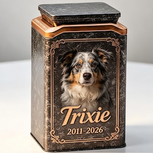 May include: A rectangular black and bronze metal urn featuring a portrait of a merle Australian Shepherd dog. The front displays the name Trixie in gold script lettering above the dates 2011-2026, enclosed within an ornate gold rectangular frame.