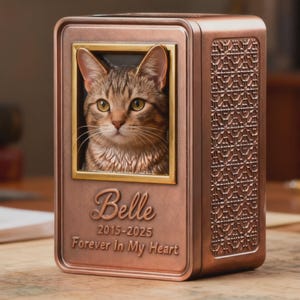 May include: A bronze-colored pet urn with a framed portrait of a tabby cat. The urn is rectangular with decorative side panels. The name "Belle" and dates 2015-2025 are inscribed below the portrait, along with the phrase "Forever In My Heart."