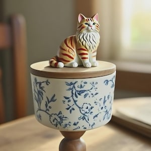 Puede incluir: Un tarro de cerámica decorativo con tapa, con una figura de gato sentado encima. El tarro tiene un patrón floral azul sobre un fondo blanco. La base y la tapa son de madera. El gato es naranja y blanco.