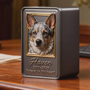 Może przedstawiać: Ciemnoszara urna dla zwierząt z oprawionym portretem psa. Portret jest w złotej ramie, a pies ma niebieskie, szare i brązowe futro. Na urnie wygrawerowano imię "Haven" oraz lata "2011-2025 Forever In My Heart."