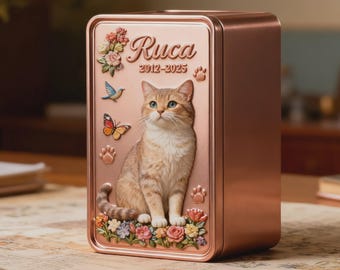 Custom Floral Cat Ashes Urn, Personalized Metal Pet Memorial Urn, 3D Cat Photo Cremation Urn, Pet Memory Keepsake Gift