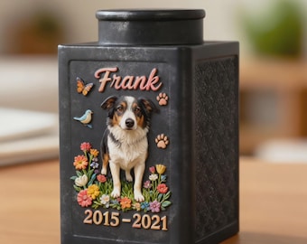 Urne pour chien en métal à motif floral pour cendres, urne commémorative personnalisée avec photo de chien, souvenir de crémation pour portrait d'animal de compagnie 3D, cadeau souvenir pour animal de compagnie