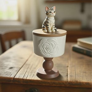 Peut inclure: Un r&eacute;cipient d&eacute;coratif en c&eacute;ramique avec une figurine de chat sur le dessus. Le r&eacute;cipient est blanc avec un motif de rose et une base marron. Le chat est gris et marron avec un motif ray&eacute;.