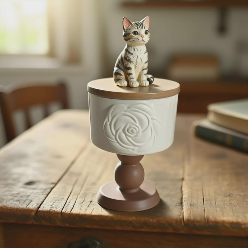 Peut inclure: Un r&eacute;cipient d&eacute;coratif en c&eacute;ramique avec une figurine de chat sur le dessus. Le r&eacute;cipient est blanc avec un motif de rose et une base marron. Le chat est gris et marron avec un motif ray&eacute;.