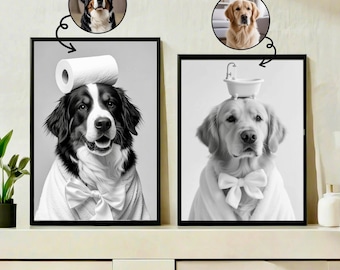Decorazioni per il bagno con animali, ritratti di animali personalizzati, stampe decorative per pareti del bagno, cane nel water, animale nella vasca da bagno, regali per animali, cane con rotolo di carta/vasca sulla testa