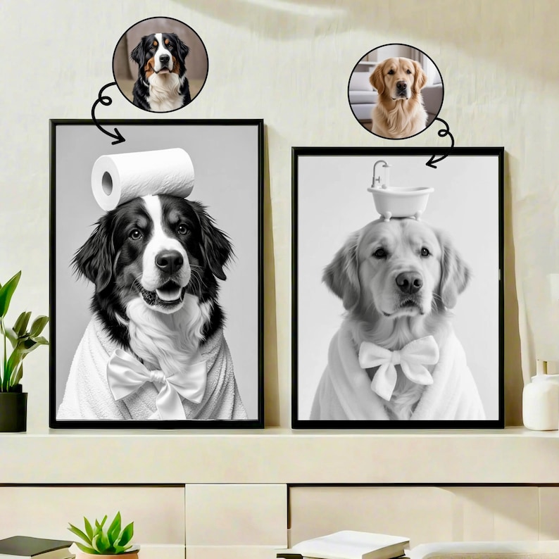 May include: Two framed black and white dog portraits. One features a Bernese Mountain Dog with a roll of toilet paper on its head, the other a Golden Retriever with a small bathtub on its head. Both dogs wear white bow ties.