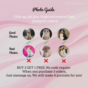 May include: A pink and white graphic with the text "Photo Guide" and examples of good and bad pet photos. The text advises on photo quality: close up, full face, bright and natural light, facing the camera. The image also promotes a "Buy 3 Get 1 Free" offer.