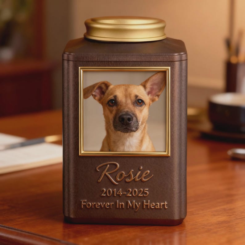 May include: A brown pet urn with a gold lid and a framed photo of a dog. The urn is inscribed with the name "Rosie", the years "2014-2025", and the phrase "Forever In My Heart".
