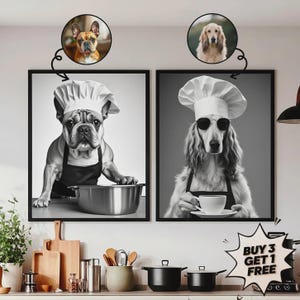 Custom Pet Portraits,Dog Cafe,Kitchen Dog Wall Art,Funny Pet Portrait,Dog Drinking Coffee,Chef Pet Portrait,Pet in Kitchen,Dining Room Decor