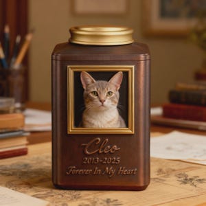 May include: A bronze pet urn with a gold lid. It has a framed portrait of a grey tabby cat. The name "Cleo" and dates "2013-2025" are inscribed below the portrait, along with the phrase "Forever In My Heart."