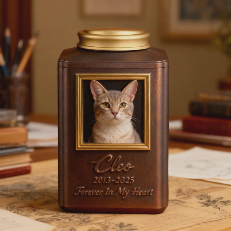 May include: A bronze pet urn with a gold lid. It has a framed portrait of a grey tabby cat. The name "Cleo" and dates "2013-2025" are inscribed below the portrait, along with the phrase "Forever In My Heart."