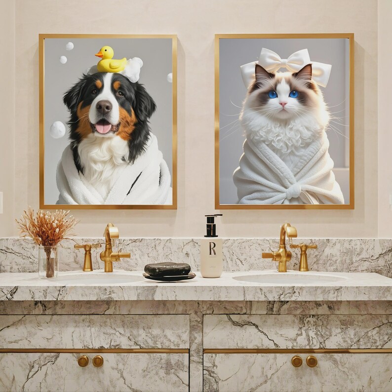 May include: Two framed art prints featuring animals in a bathroom setting. One print shows a dog wearing a bathrobe and a rubber duck on its head. The other print shows a cat wearing a bow and a bathrobe.