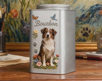 Urne pour chien à gravure florale pour cendres, urne en métal pour portrait d'animal de compagnie 3D personnalisé, cadeau commémoratif de chien personnalisé, souvenir d'animal de compagnie, cadeau de décès de chien