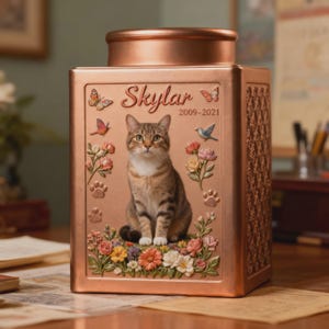 Floral Pattern Metal Cat Urn for Ashes, Custom Cat Photo Memorial Urn, 3D Pet Portrait Cremation Keepsake, Pet Memory Gift