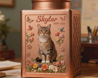 Urne à chat en métal à motif floral pour cendres, urne commémorative personnalisée avec photo de chat, souvenir de crémation pour portrait d'animal de compagnie 3D, cadeau souvenir pour animal de compagnie