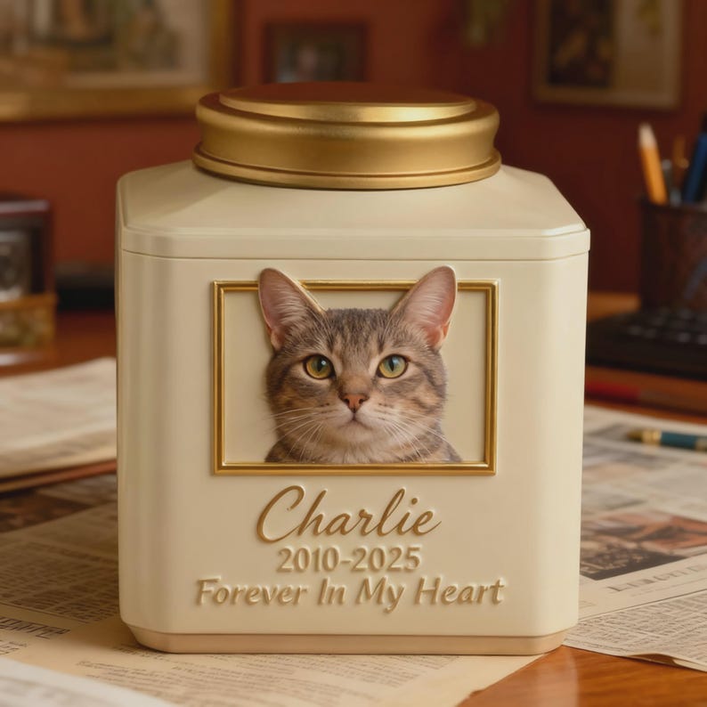 May include: Cream-coloured pet urn with a gold-coloured lid. The urn features a framed portrait of a tabby cat and the inscription "Charlie 2010-2025 Forever In My Heart."