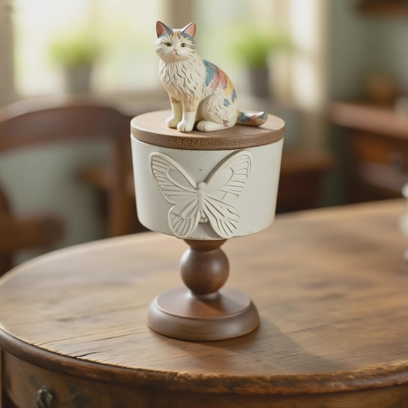 Peut inclure: Un pot d&eacute;coratif sur pi&eacute;destal avec une figurine de chat sur le dessus. Le pot est blanc avec un motif de papillon et un couvercle et une base en bois. Le chat a des marques color&eacute;es.