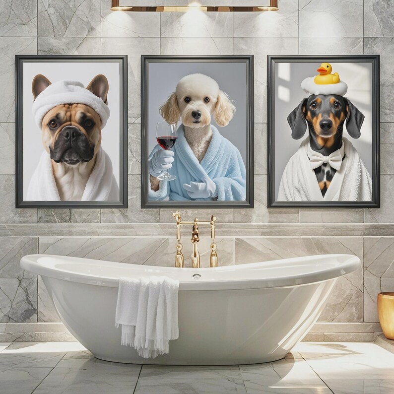 May include: Three framed dog portraits in a bathroom setting. The dogs are dressed in bathrobes and accessories. One dog wears a towel on its head, another holds a wine glass, and the third wears a rubber ducky hat. A white bathtub is in the foreground.
