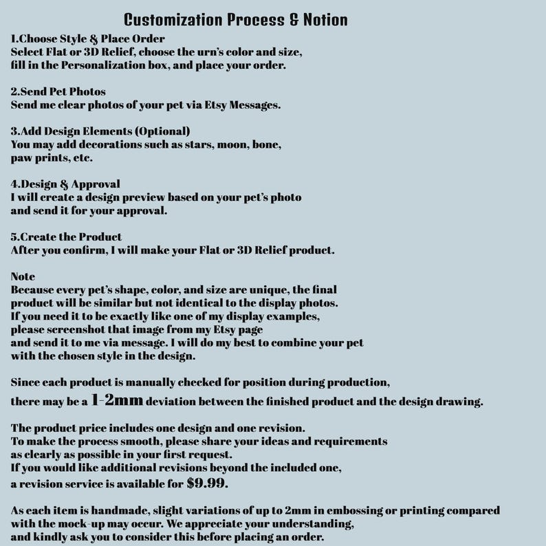 May include: A light blue graphic outlines the pet urn customization process. It details steps like choosing a style, sending photos, adding design elements, design approval, and product creation. It also mentions potential variations and revision services.