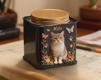 Floral Engraved Cat Urn for Ashes,Custom 3D Pet Portrait Metal Urn,Personalized Cat Memorial Gift,Pet Remembrance Keepsake,Cat Passaway Gift