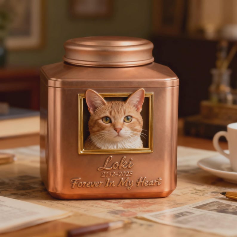 May include: A copper-toned pet urn with a framed portrait of a ginger cat. The urn has a lid and features the name "Loki", dates "2012-2025", and the phrase "Forever In My Heart" engraved on the front.