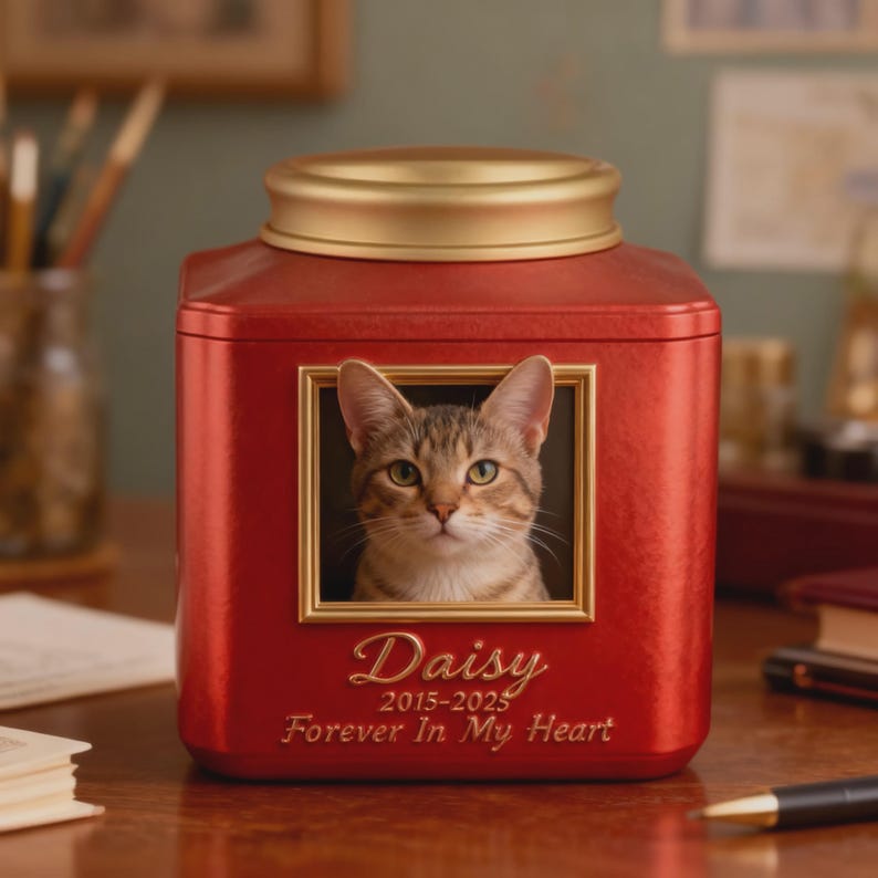 May include: A red pet urn with a gold lid and a framed photo of a tabby cat. The name "Daisy" and the years "2015-2025" are inscribed below the photo, along with the phrase "Forever In My Heart".