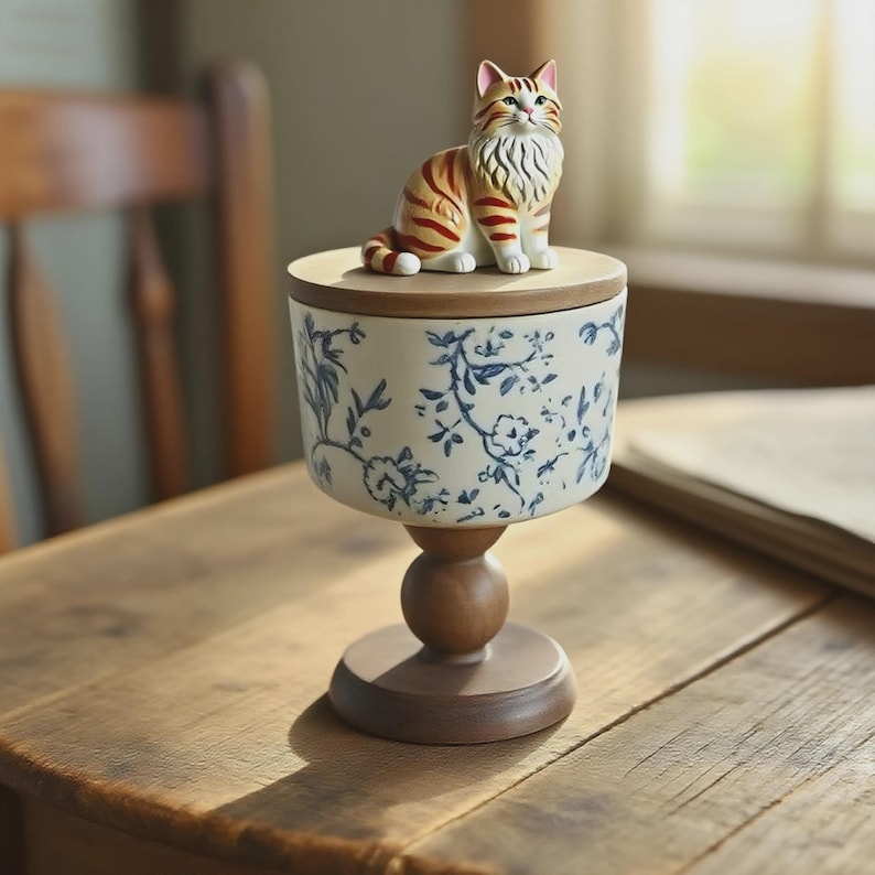 Peut inclure: Un pot d&eacute;coratif en c&eacute;ramique avec un couvercle, orn&eacute; d'une figurine de chat assis. Le pot pr&eacute;sente un motif floral bleu sur fond blanc. La base et le couvercle sont en bois. Le chat est orange et blanc.