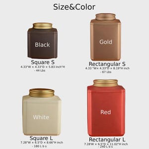 May include: Four metal storage containers in black, gold, white, and red, each with a gold lid. The containers are labeled with their shape, size, and dimensions in inches, including the weight in pounds.
