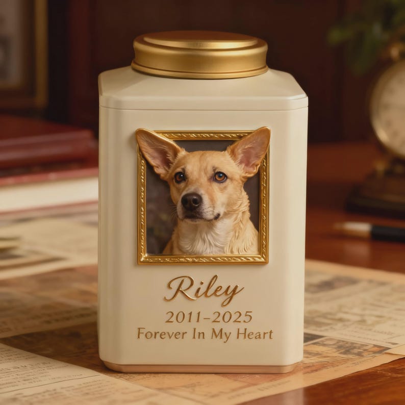 May include: Cream-coloured pet memorial urn with a gold-coloured lid. The urn features a framed photo of a dog and the name "Riley" with the years 2011-2025 and the phrase "Forever In My Heart".