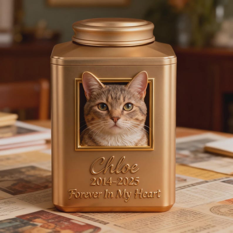 May include: A gold-coloured pet urn with a rectangular shape and a removable lid. The urn features a framed portrait of a tabby cat. The name "Chloe", dates "2014-2025", and the phrase "Forever In My Heart" are inscribed on the front.