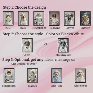 May include: A product selection guide featuring framed animal portraits. The guide is divided into three steps: choose a design, choose a style (color vs. black and white), and optional contact information. Designs include animals in various scenarios.