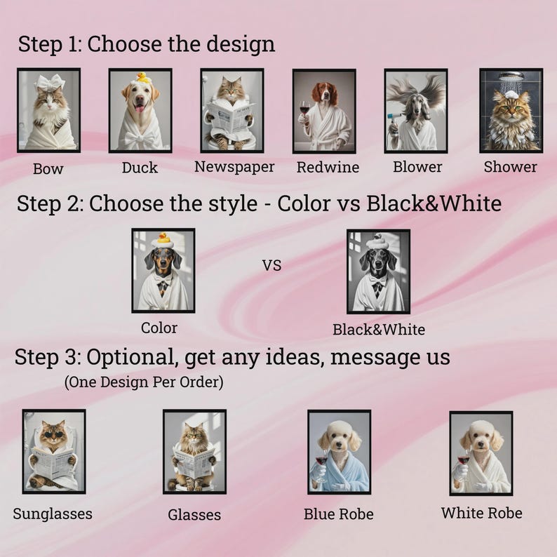 May include: A product selection guide featuring framed animal portraits. The guide is divided into three steps: choose a design, choose a style (color vs. black and white), and optional contact information. Designs include animals in various scenarios.