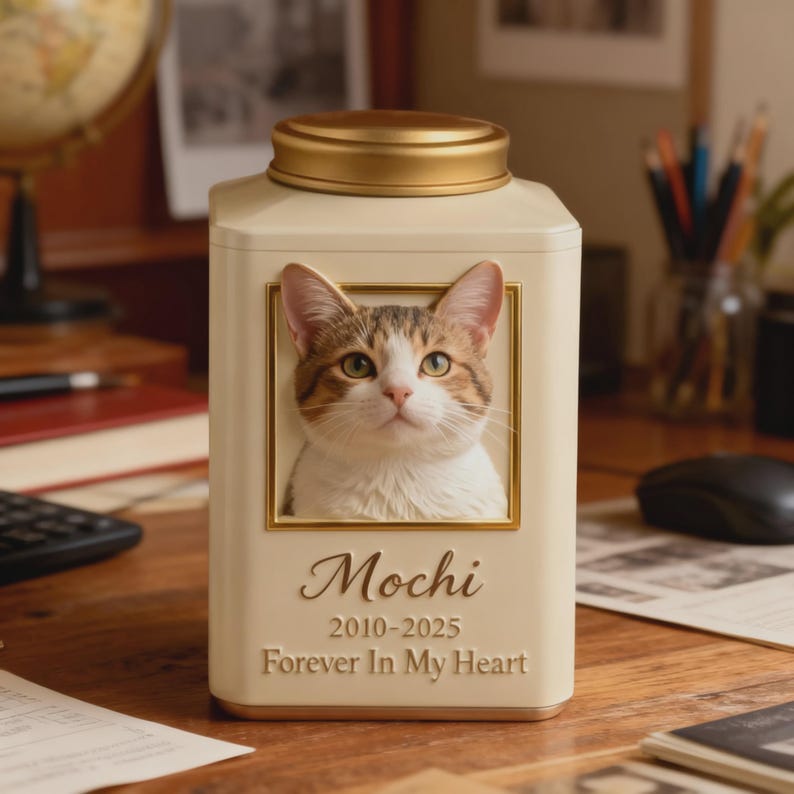 May include: A cream-coloured pet urn with a gold lid and trim. The front features a framed photo of a cat, with the name "Mochi" and dates "2010-2025" below the photo, along with the phrase "Forever In My Heart."