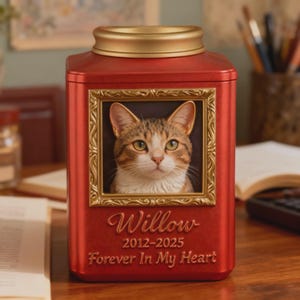 May include: A red pet urn with a gold lid and a framed portrait of a cat. The urn is inscribed with the name "Willow", dates "2012-2025", and the phrase "Forever In My Heart".