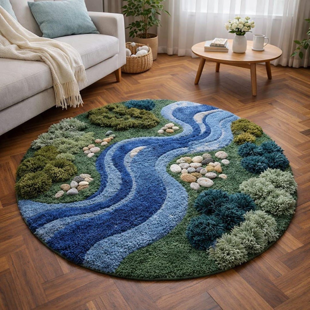 Small Round Forest Rug Hand Tufted Wool River Landscape Round Rug, Nature Inspired Forest ...