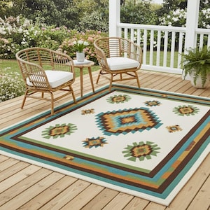 Puede incluir: Una alfombra rectangular para exteriores con un diseño geométrico en tonos turquesa, marrón, naranja y verde. La alfombra tiene un fondo crema. También se ven dos sillas de mimbre con cojines blancos y una mesita.