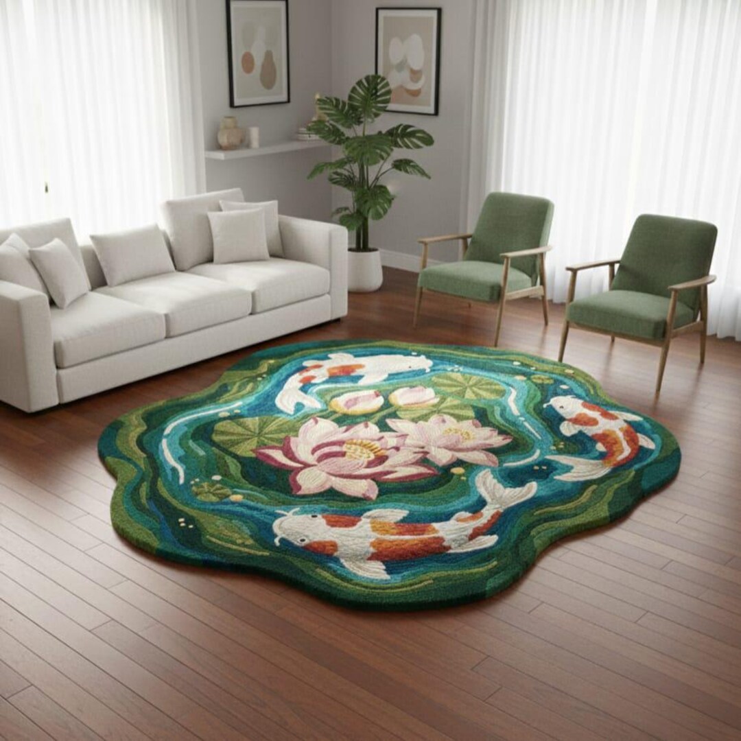Hand Tufted Green Koi Fish Pond Rug, Abstract 3D Irregular Wool Living ...