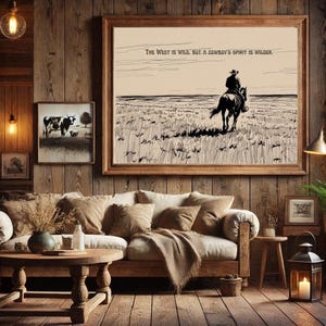 Cowboy Riding Horse Into Sunset Digital Download, The West is Wild But a Cowboy&#39;s Spirit is Wilder’ Print, Western Quote, Cowboy Decor