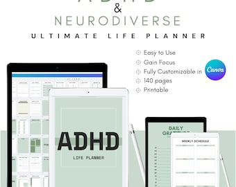 ADHD Ultimate Focused Life Planner | 140 page Template | Customize in Canva | Neurodiverse | Get Control | Organisation | Mental Freedom