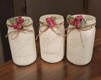 Rustic Christmas Mason Jars, Farmhouse Holiday Decor, Frosted Berries, Twine