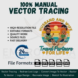 May include: A graphic design advertisement with the text "100% Manual Vector Tracing." It includes a colorful illustration of a couple on a beach, the words "Husband and Wife," and "Travel Partners For Life." File formats include AI, EPS, PDF, PNG, and SVG.