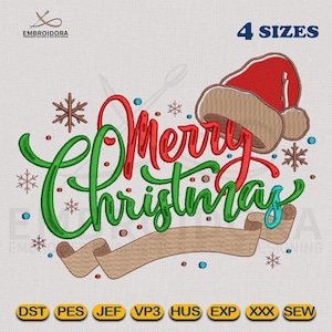 Merry Christmas Embroidery Design: Hat, Typography (4 Hoop Sizes)