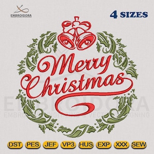 Merry Christmas Embroidery Design: Bells & Holly, 4 Sizes (Digital Download)