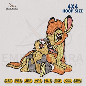 Disegno per ricamo a macchina Bambi e Thumper Birds / Digitalizzazione del ricamo Bambi Thumper / Schema per ricamo su telaio 4x4 di Embroidora