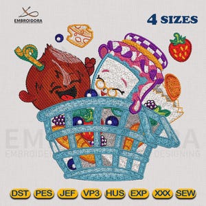 May include: Embroidered design featuring cartoon food characters in a blue shopping basket. The design includes a smiling onion, a slice of cake, a strawberry, and cheese. The text "4 SIZES" is above the basket. The design is for embroidery.
