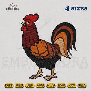May include: A colorful rooster embroidery design in various sizes. The rooster is brown, orange, red, and black with a large, red comb. The design is available in DST, PES, JEF, VP3, HUS, EXP, XXX, and SEW formats.