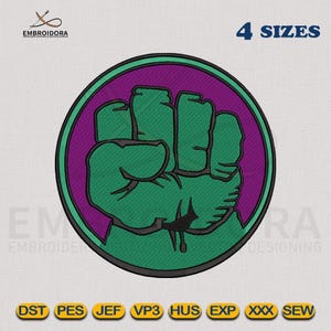May include: Green fist with a purple background inside a circle. The fist is raised and the knuckles are white. The text "4 SIZES" is in blue above the circle.