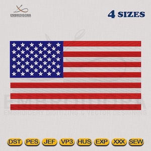 May include: Embroidered American flag design with red and white stripes and a blue square with white stars. The text "4 SIZES" is displayed above the flag. The design is for embroidery digitizing and vector designing.