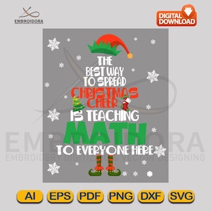 Könnte beinhalten: Ein digitales Design mit grauem Hintergrund und einem Weihnachtself-Thema. Der Text lautet: "Der beste Weg, Weihnachtsstimmung zu verbreiten, ist, hier allen Mathe beizubringen." Enthält Schneeflocken, einen Weihnachtsbaum und einen Strumpf.