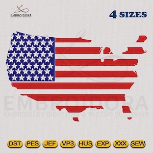 USA Map Flagge Stickdatei, Maschinenstickerei | Amerika Map Flagge EMB Digitalisierung | 4.Juli EMB | 4 Rahmengrößen Stickmuster von Embroidora